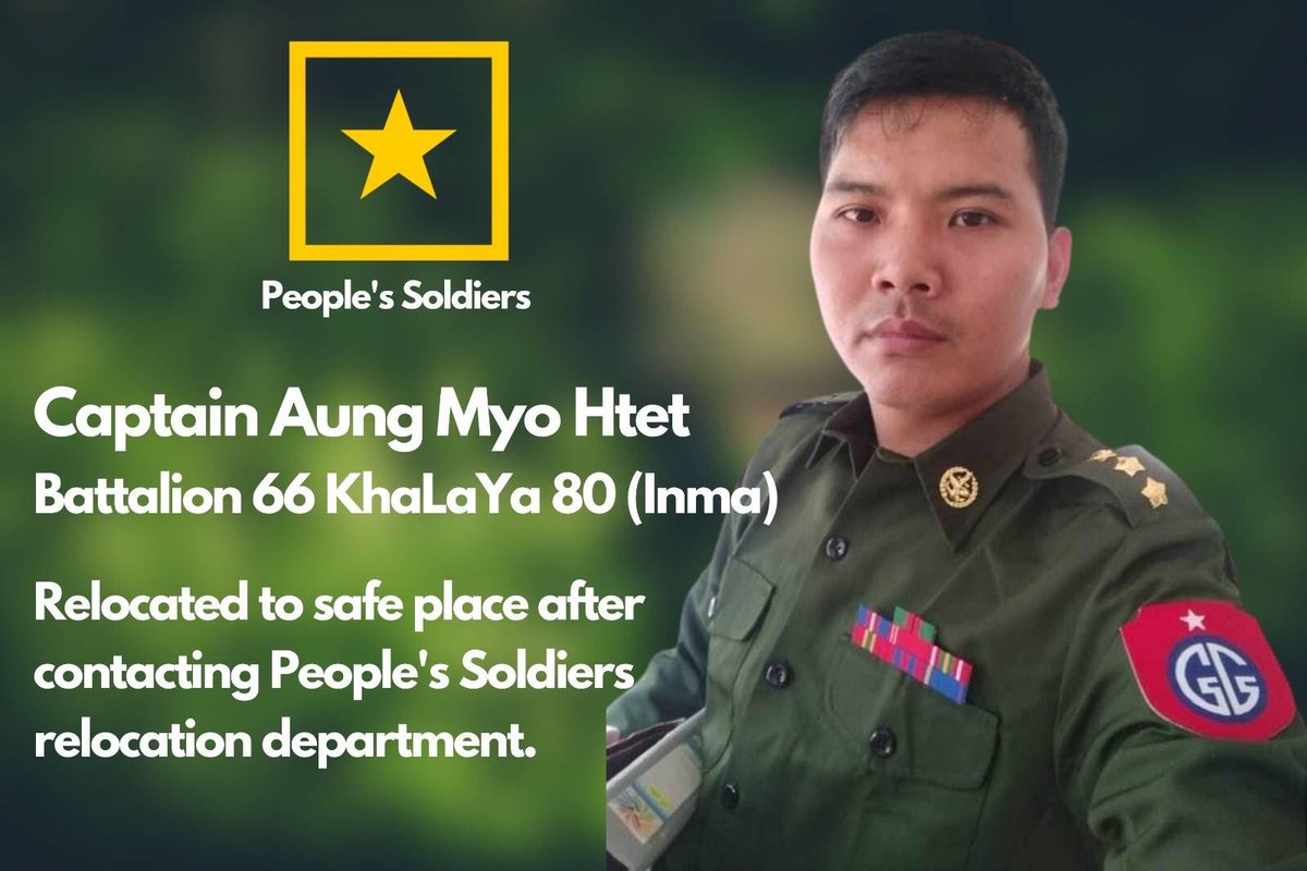 peoplesgoal2022's tweet photo. Captain Aung Myo Htet (DSA ‘52) bravely chose the people’s side after contacting People’s Soldiers, which helped him relocate to a safe place. Support defected soldiers like him &amp; hundreds others by visiting https://t.co/PIWnP7ZM0g #DefectFromTatmadaw #WhatsHappeningInMyanmar https://t.co/39MhPsrtuR