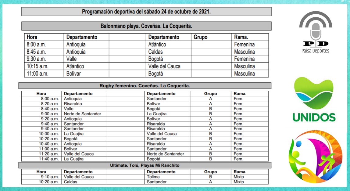 Esta es la programación de HOY 23 de octubre, de los Juegos Nacionales Mar y Playa 2021 📅🇨🇴 
#NalesMarYPlaya 🏉🤾🥏