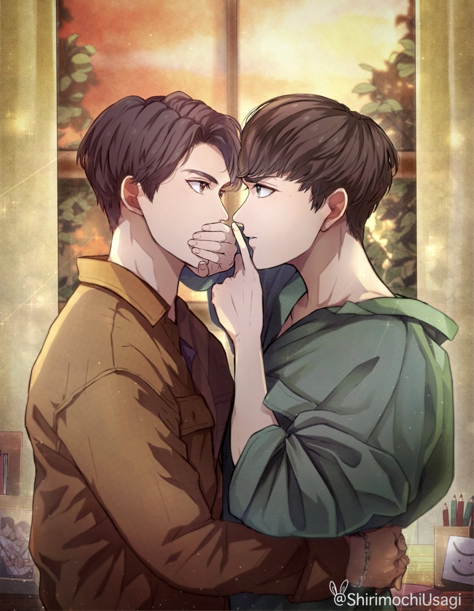 multiple boys 2boys male focus yaoi looking at another brown hair eye contact  illustration images