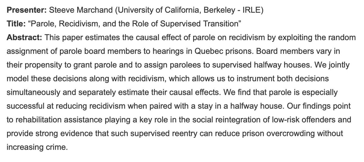The next online seminar on the economics of crime is Thursday at 1pm ET. #EconTwitter 

<a href="/marchand_steeve/">Steeve Marchand</a> will present his paper “Parole, Recidivism, and the Role of Supervised Transition"  

More info: jenniferdoleac.com/online-economi…