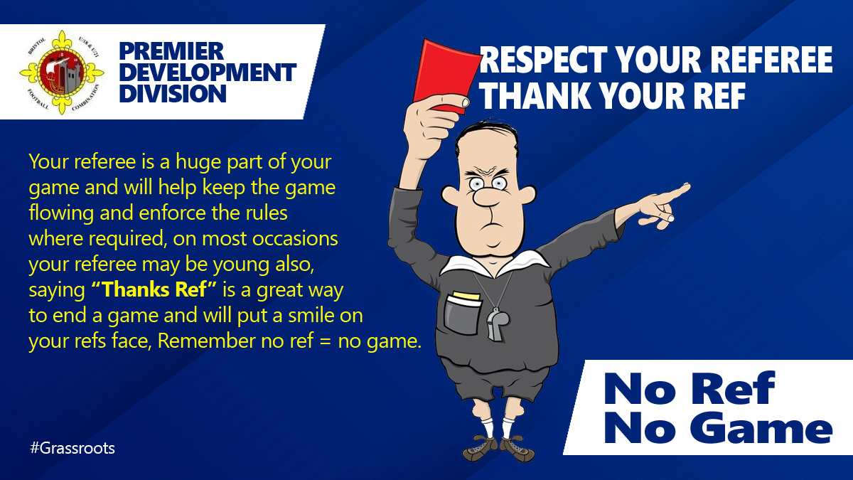 Bristolu21's tweet photo. Remember to respect the referee or we won't have a game to play!
#thanksref #respect #referees #BFCLdev #Grassroots
@refsupportuk @SMSTfriendlies @TheRefereesNet
@swsportsnews @bsoccerworld https://t.co/FhXKlC9N5z