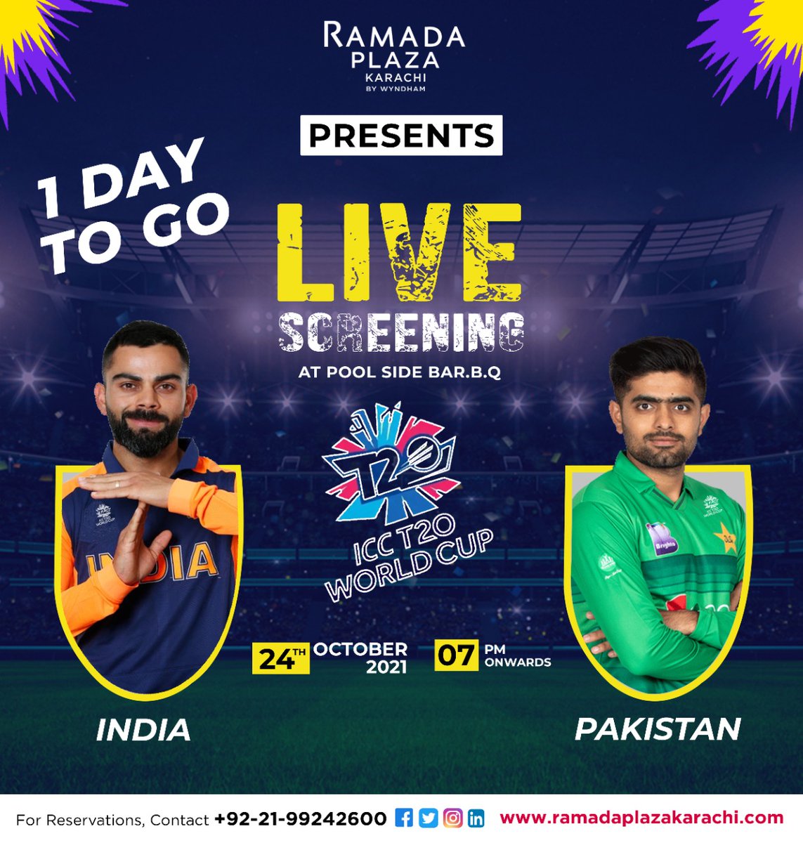 RamadaPlazaKar's tweet photo. The biggest match is right around the cornerEnjoy 15% discount on Dinner. Ramada Plaza has now arranged big screens on Pool Side BBQ.
How many of you are excited for tomorrow's match
🏏ICC Men T20 World Cup
📅24th October 2021
⏰7:00 PM
#T2WC #Pakistan #PakVsInd https://t.co/Een1XgPTjV