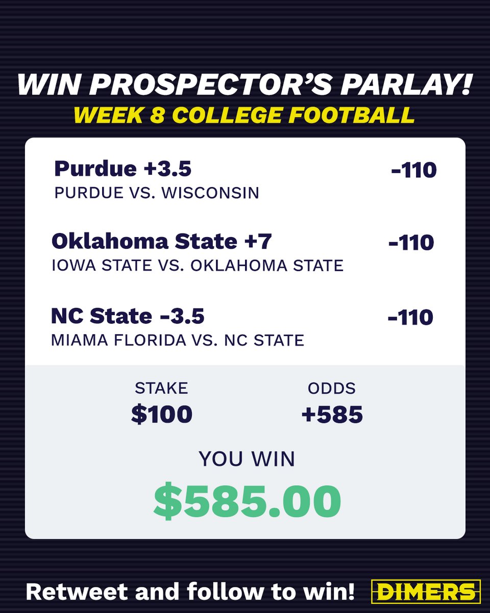 DimersCom's tweet image. 💰 $585 CFB PARLAY GIVEAWAY 💰

Prospector Sam has put together his three best picks for today's slate and we're going to give away the parlay winnings to 1️⃣ lucky follower.

To enter:

🔴 Follow @DimersCom 
🔴 Follow @prospector_sam 
🔴 Retweet this tweet

Let's go!