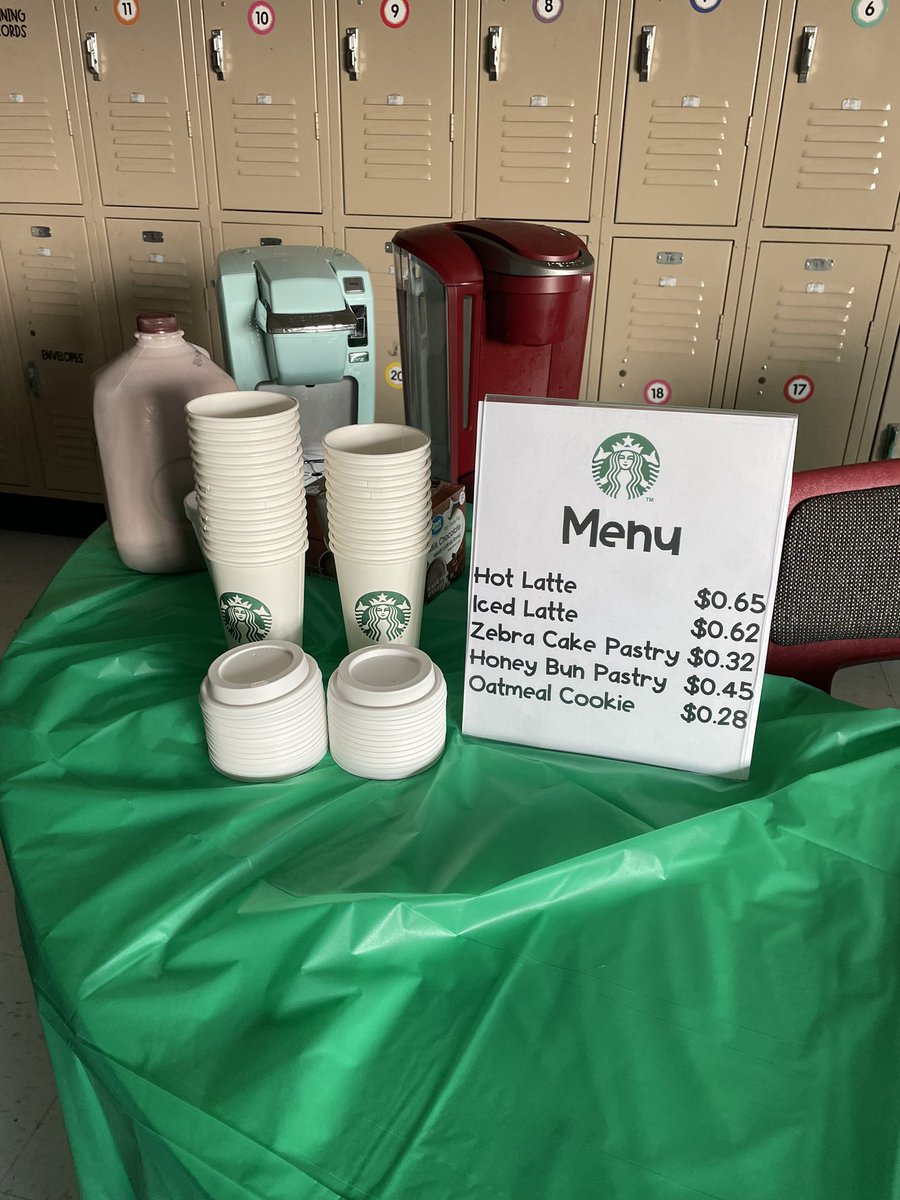 msutherland03's tweet photo. Miss Adams set up a Starbucks day for her Ss. Tied to math w/ $$ &amp; reading w/ visualization. The kids LOVED it @NikkidavisNikki @crockettwfisd https://t.co/B6zawLY0CM