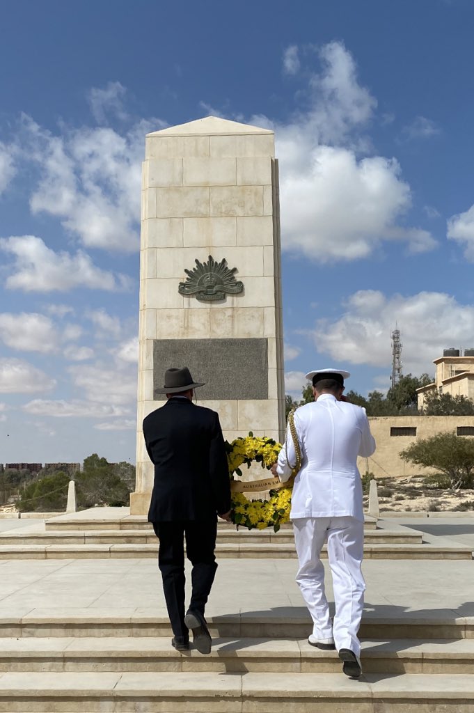 AusAmbEgy's tweet photo. An honour to represent 🇦🇺 at the joint UK &amp; German Commemoration of the Battle of El Alamein. Over the campaign 2,694 Australians from the 9th Division were wounded or killed, 1/5 of the Eighth Army's total casualties. #LestWeForget @UKinEgypt @NZinEgypt  @AWMemorial https://t.co/eo2T6mUIFj