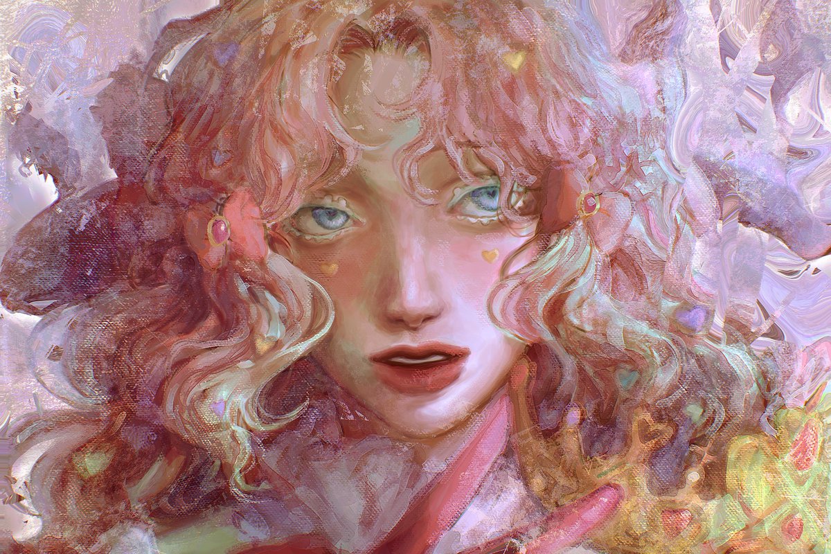 solo 1girl blue eyes portrait parted lips pink hair long hair  illustration images