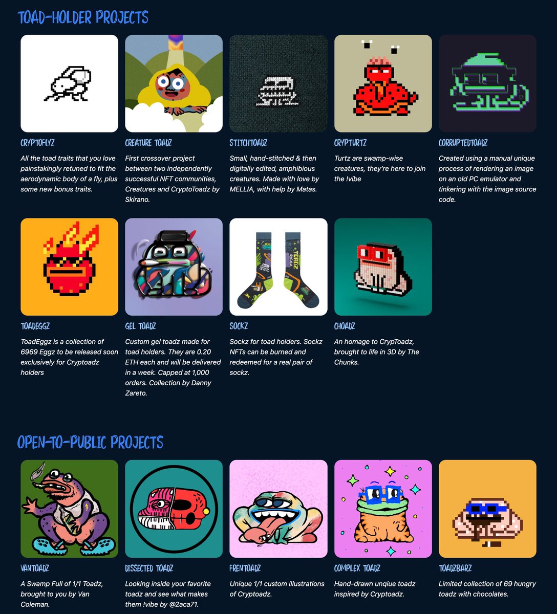 cdt_eth's tweet image. Toadztoolz Updates: toadztoolz.com

was up late coding.
had some new ideas.

Toolz:
• Images added for projects
• Clearer delineation between “toad-holder” &amp;amp; “open-to-public” projects

Homepage:
• Press “!Vibe Mode” (volume on)
• Move project cards above Claim Center