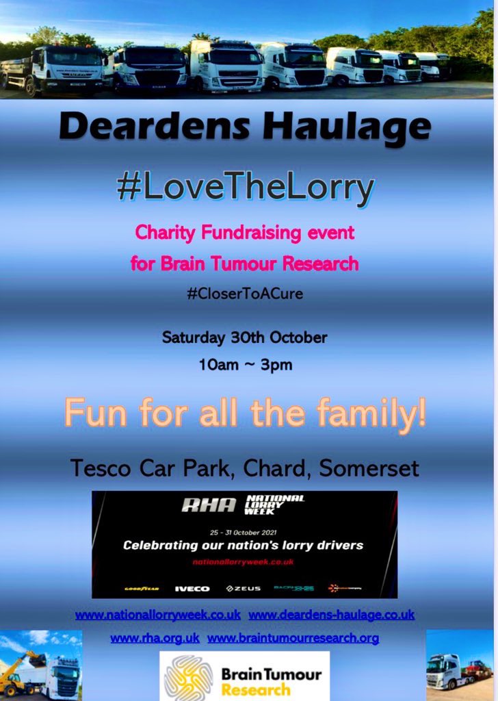 DeardensHaulage's tweet photo. One week to go! This time next week we’ll be in full swing for #LoveTheLorry for #NationalLorryWeek @Tesco in Chard, promoting the vital role the haulage industry plays &amp; raising money for @braintumourrsch 💕🚛 Please come along and support us if you can! #KeyWorkers #RoadHaulage https://t.co/WPlikkBG54