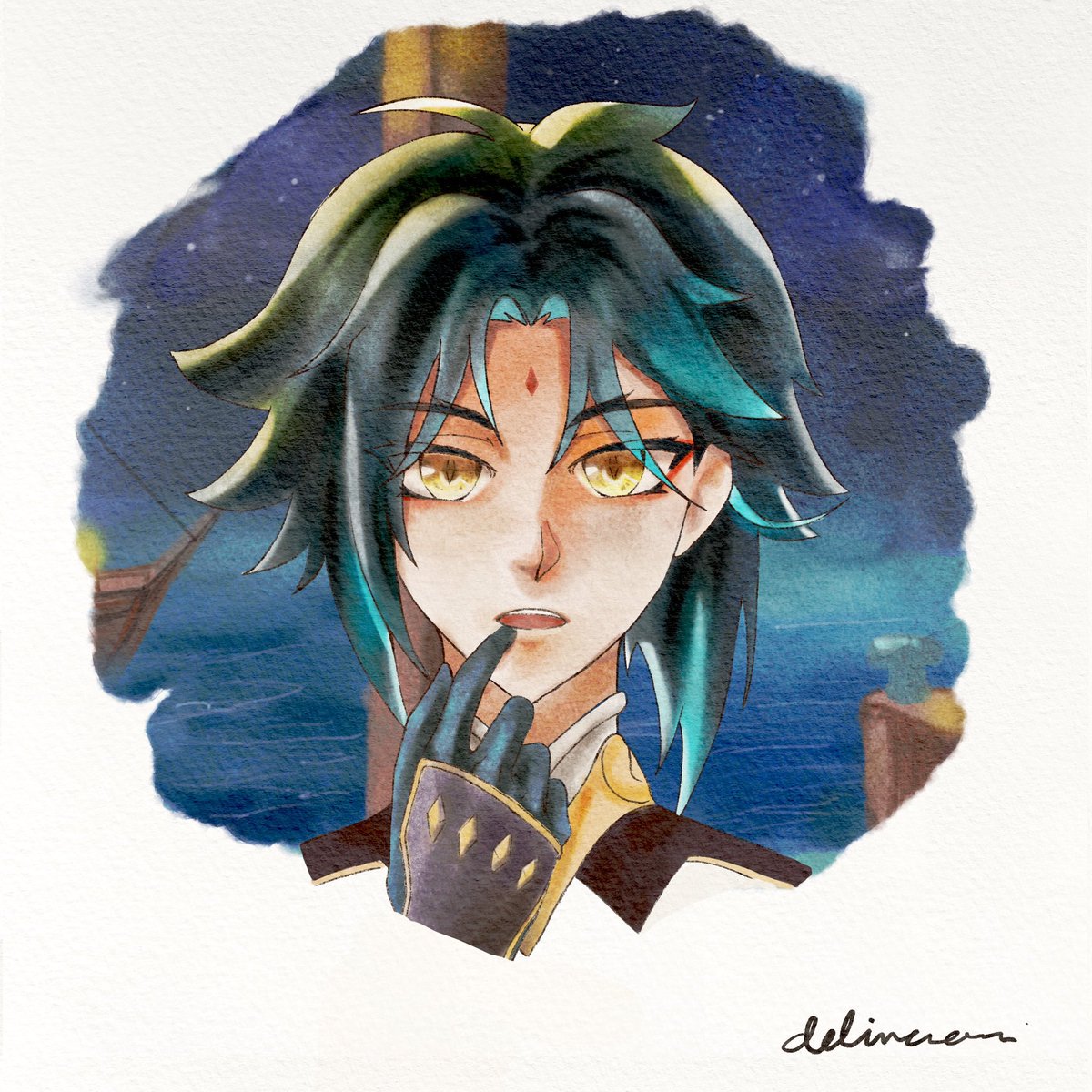 deliciousnai's tweet photo. You start the event at noon but then it changes to night…. 
Late moonchase fan art
#xiao #moonchase #GenshinImpact https://t.co/3un5c5H7ct