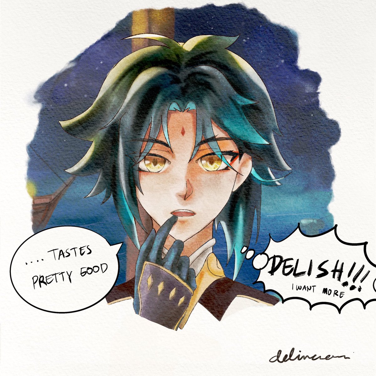 deliciousnai's tweet photo. You start the event at noon but then it changes to night…. 
Late moonchase fan art
#xiao #moonchase #GenshinImpact https://t.co/3un5c5H7ct