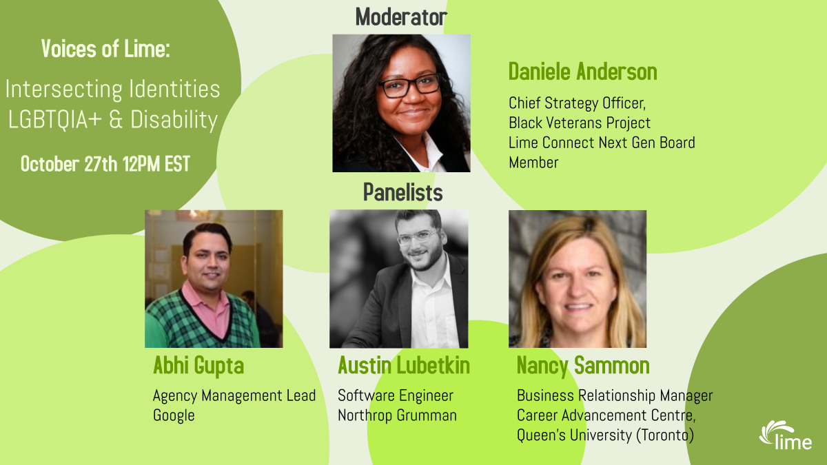 limeconnect's tweet photo. Join us on 10/27 for a panel on the intersecting identities of LGBTQIA2S+ &amp; Disability in the workplace.  We will discuss how this intersectionality impacts the workplace - including disclosure, career decisions, and professional relationships.  https://t.co/VjEbYJeuXg https://t.co/ZVWcqsm3ot