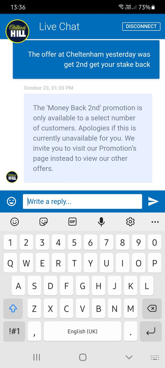 DynamicSportsM1's tweet photo. Warning! If betting with @WilliamHill their offers they are promoting are not to be trusted, promoting mo ey back if second yet not returning my stake as was a "selection customer https://t.co/f57yQkqXM8