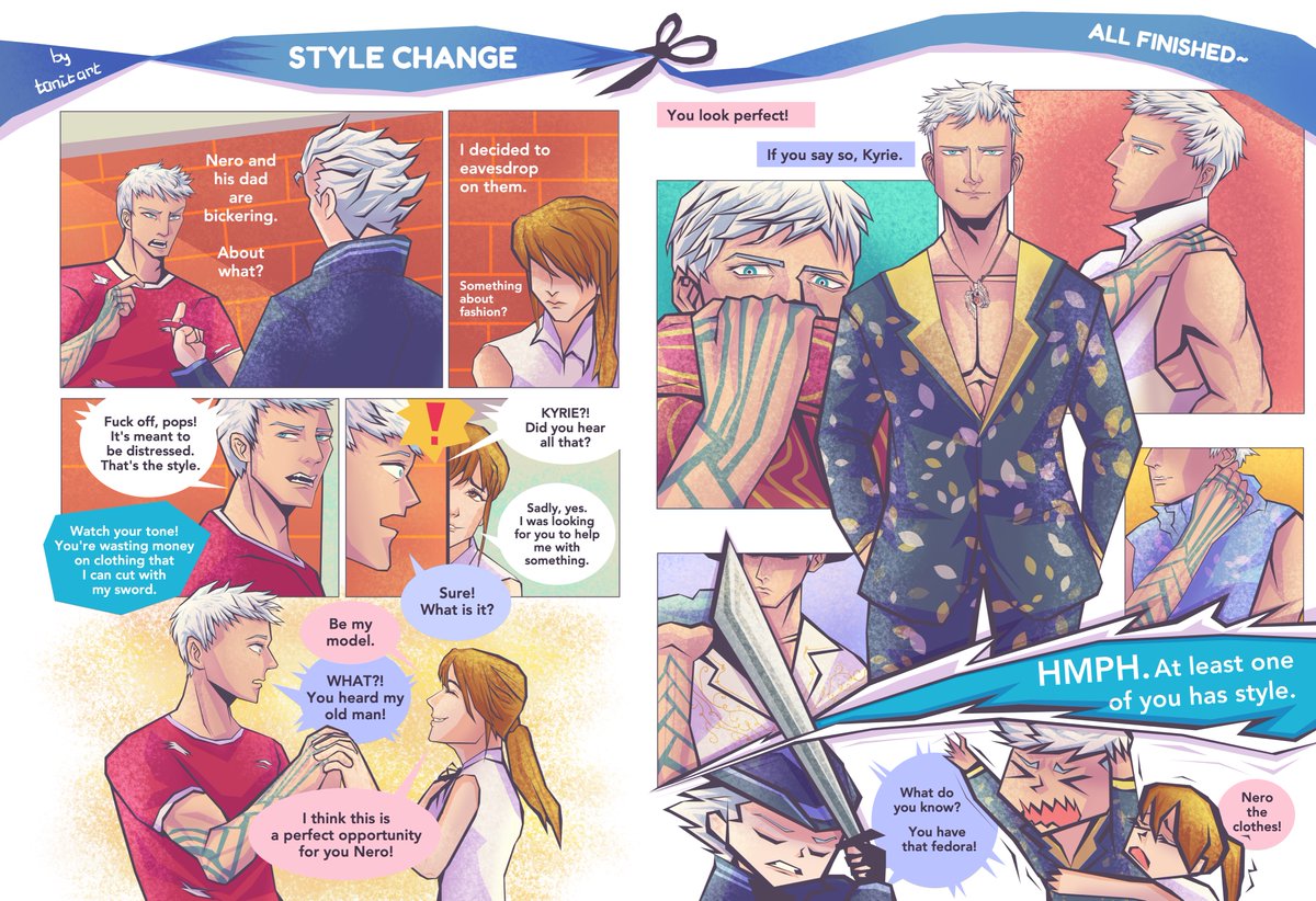 TONIdachi's tweet photo. Nero's New Clothes...🤣
AU where Kyrie is a fashion student and would like Nero to be her model. 

#DMC #DevilMayCry #Nero #Kyrie #Vergil #nerokiri https://t.co/Fa6fm5VXn9
