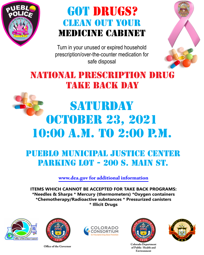 TODAY IS THE DAY!

Stop by the Pueblo Police Department's parking lot and drop off your unused or expired prescriptions. Help us keep these drugs out of the hands of our youth. 

Please see flyer for information and restrictions.