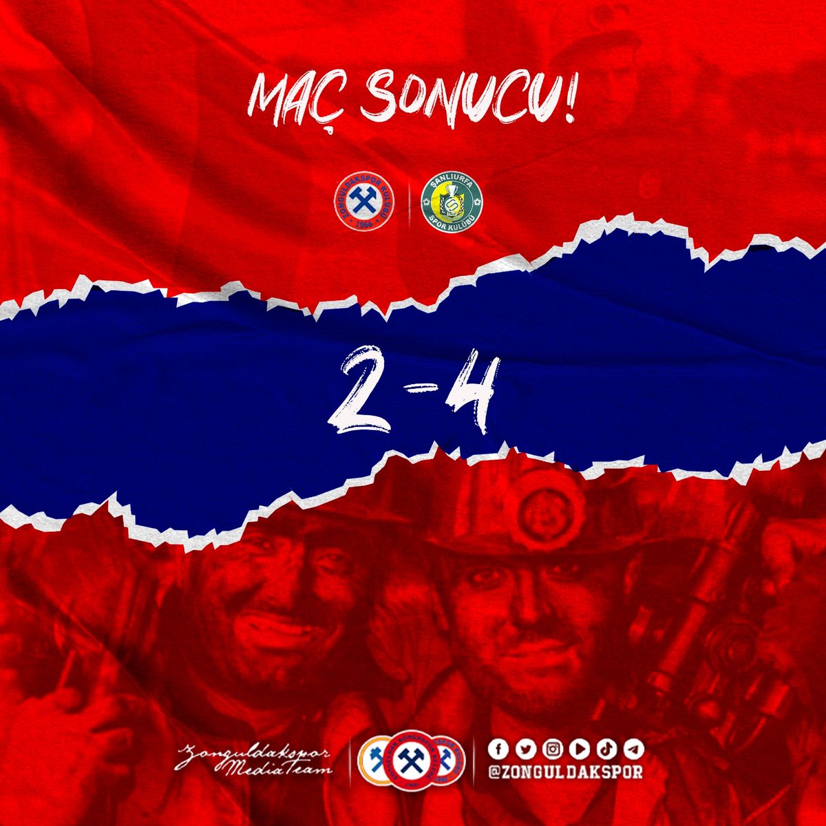 🟥🟦 MAÇ SONUCU!

#Zonguldakspor 2 🆚️ 4 Şanlıurfaspor

⚽️ 70' Berat Vardal
⚽️ 85' Hakan Çevik 

Aslanlar gibi mücadele ettik... Olmadı, nazar olsun çocuklar!