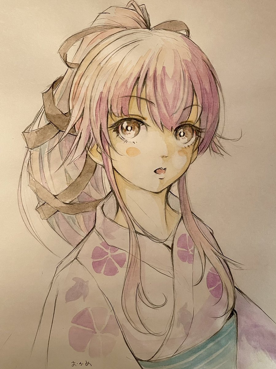 yura (kancolle) 1girl solo japanese clothes kimono long hair pink hair traditional media  illustration images