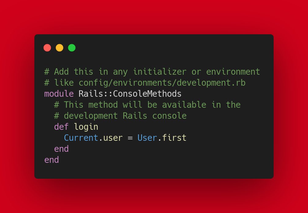 websebdev's tweet photo. 💎Rails tip💎

Did you know you can add custom methods automatically available in the Rails console? Useful for things you often need to do in the console like logging in.

Example ↓

#ruby #rails #rubyonrails https://t.co/qqSy3PNQlM