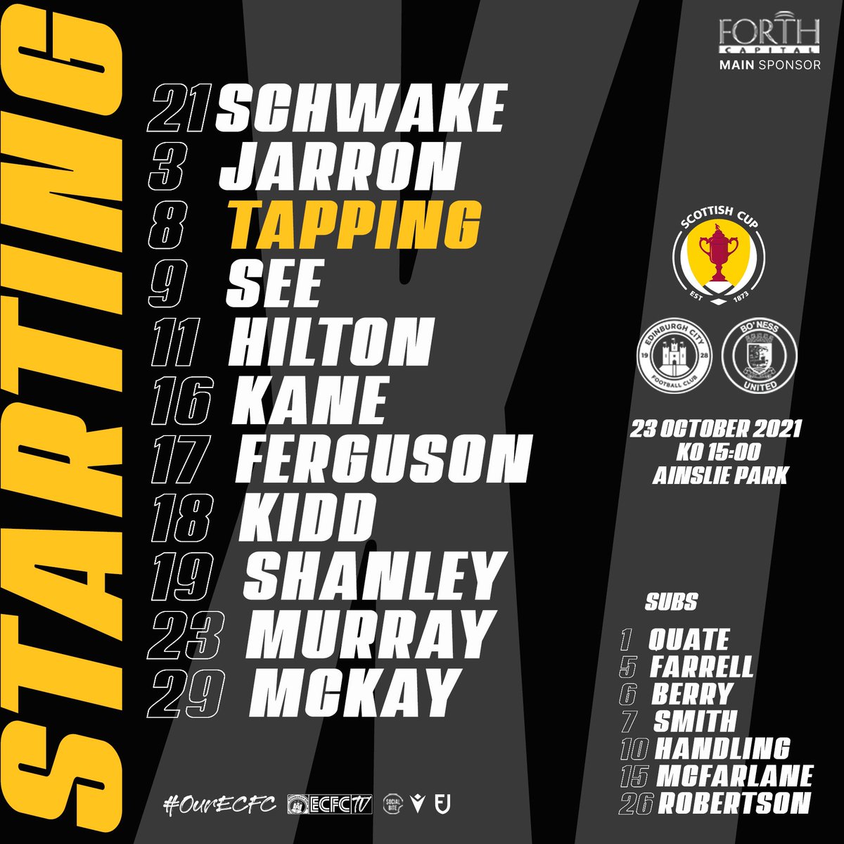 EdinburghCityFC's tweet photo. ⚡️ TEAM NEWS ⚡️ 

Our @ScottishCup journey begins today and here’s how we line up against @BonessUnited_FC 

#Ourecfc https://t.co/3exAfvY0s9