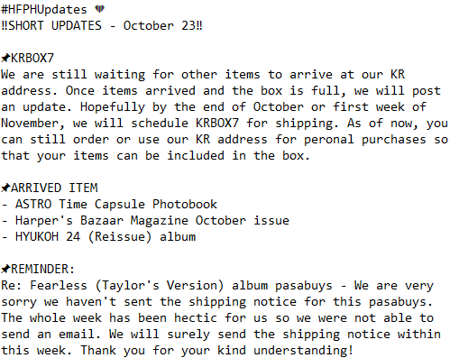 HallyuFinePH's tweet photo. #HFPHUpdates 💜
‼️SHORT UPDATES - October 23‼️
Please take time to read our short update for this week. Maraming salamat! 🙏 https://t.co/302RGBOMbM