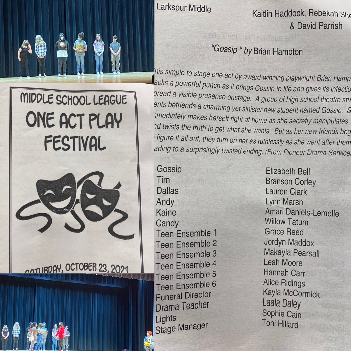 TheLarkspurMS's tweet photo. Good luck to the  @LarkspurMSPride 💜🦁💛 One Act Play troupe as they perform Gossip at todays @vbschools Middle School League OAP Festival 🎭 !  #BreakALeg Thank you @BrickellAcademy and @KempsvilleMS for hosting!  @lkms_activities https://t.co/Or36dUZKJI