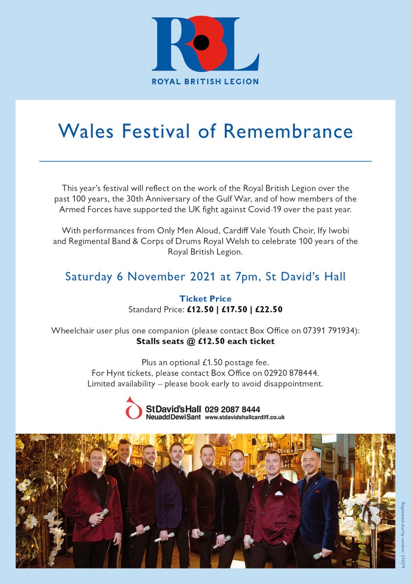 Tickets still available for <a href="/PoppyLegion/">Royal British Legion</a> #Wales #FestivalRemembrance2021 via <a href="/stdavidshall/">St David's Hall</a> Saturday 06th November final line up now confirmed join us for an evening of reflection &amp; commemoration #RBL100 #WeWillRememberThem