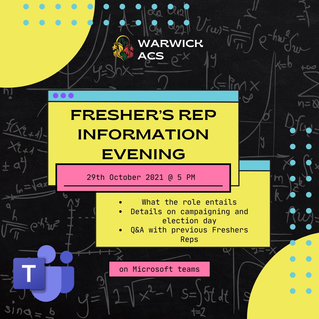 WarwickACS's tweet photo. It’s that time again! Fresher’s Rep elections are almost upon us. 
To help you guys out we’re having an Information Evening next Friday, covering:
• What the role entails
• Details on campaigning and election day
And much more…

See you there! https://t.co/9c51nHDoYb