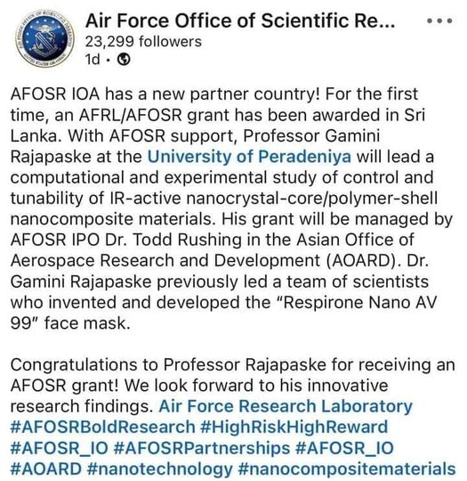 ChamilaPhysics's tweet photo. Congratulations , Prof. Gamini Rajapakse , for being awarded an USA airforce grant (AFOSR grant) for scientific research; for the first time, this grant has been offered to a Sri Lankan Scientist.🇱🇰
We are proud of you Sir ❤ https://t.co/TN3TtUewV1
