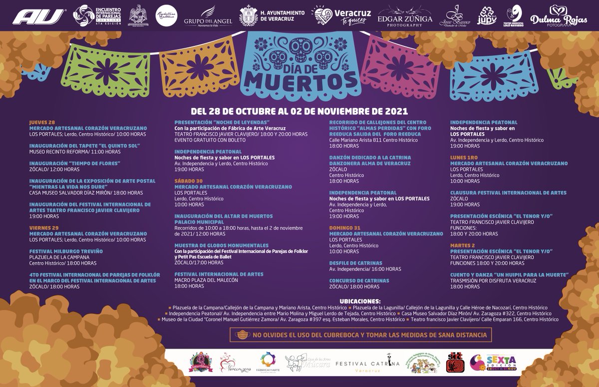 AyuntamientoVer's tweet photo. #ComparteQue Tenemos un programa con diversas actividades para conmemorar Día de Muertos, ¡encuéntralas aquí! 👇🏼 No olvides utilizar tu cubrebocas y mantener las medidas específicas en cada actividad que el equipo encargado te indique ✔️ https://t.co/UD9ScVX8Py