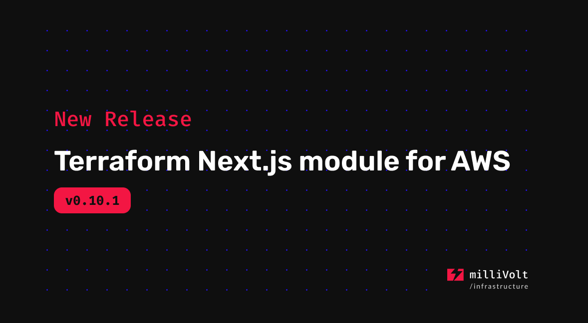 milliHQ's tweet photo. New Terraform Next.js release (0.10.1) ✨

• Ensure correct invalidation for slug paths
• Adds new input variable tags_s3_bucket

See full changelog: https://t.co/S7bE1PhMQo

#Nextjs #Terraform #AWS https://t.co/OyeyuFYpZ3
