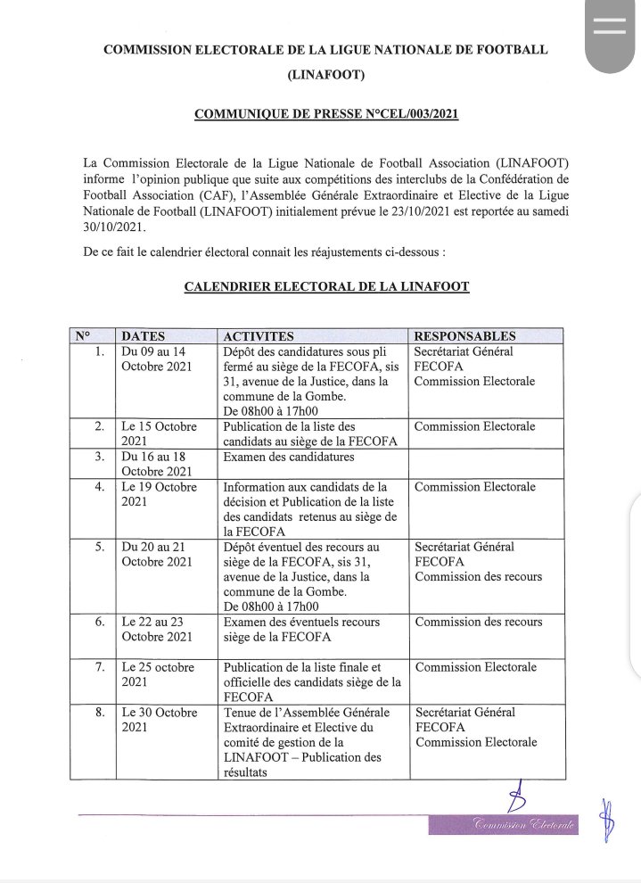 JoseDayoni's tweet photo. Le calendrier du processus électoral réaménagé. La grande assemblée générale extraordinaire et élective est finalement fixé à la fin de ce mois le 30 octobre 2021. https://t.co/EdUHY39dN1