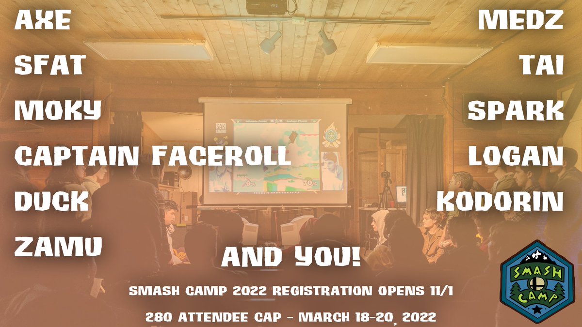 Smash_Camp's tweet photo. MARK YOUR CALENDARS. Smash Camp registration opens November 1 at 12 pm Pacific.

Melee, P+ 🤫, Rivals of Aether

Cap is at 280. Don't miss out 😬 https://t.co/W6M29GvXWm
