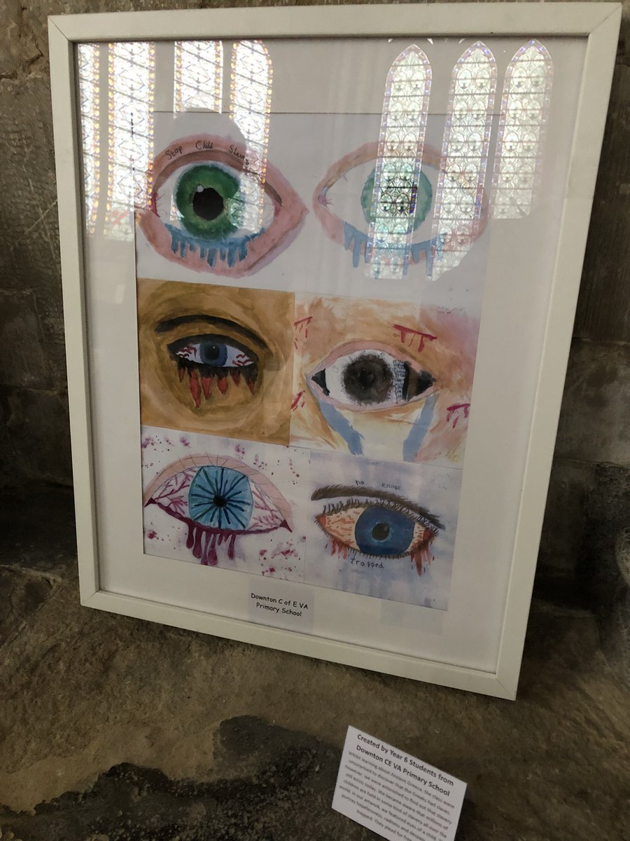 EstArm's tweet image. Thought-provoking responses by local schools on Modern Slavery at Salisbury Cathedral, in the Magna Carter room. #art #inspiredyoungpeople #exhibition