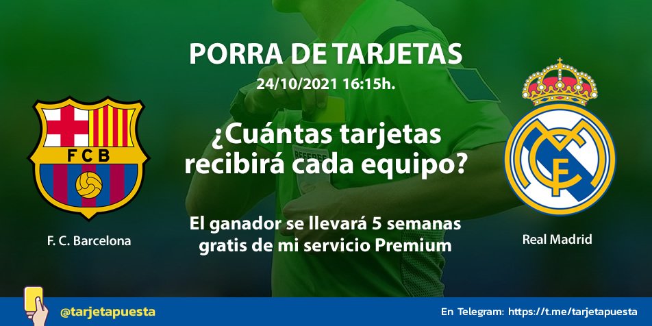 tarjetapuesta's tweet photo. ✅Acierta cuántas tarjetas🟨🟥 recibieran #FCBarcelona y #RealMadrid en el #Clasico y gana una plaza en mi servicio de apuestas Premium

🔄Con 25Rt se regalarán 2 plazas y con 50Rt daré 3 plazas!!!

🎁Si no hay acertante, se sortea una plaza entre los 🔄

https://t.co/d9wGWfkScC https://t.co/mcOSKTZngl