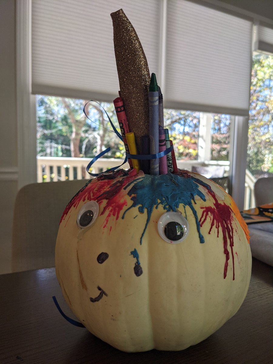 LazarusCohen's tweet photo. Georgia's book report project. Never Let a Unicorn Scribble, pumpkin character. @kellybkeller #DolvinES https://t.co/5iG60Ie7ak