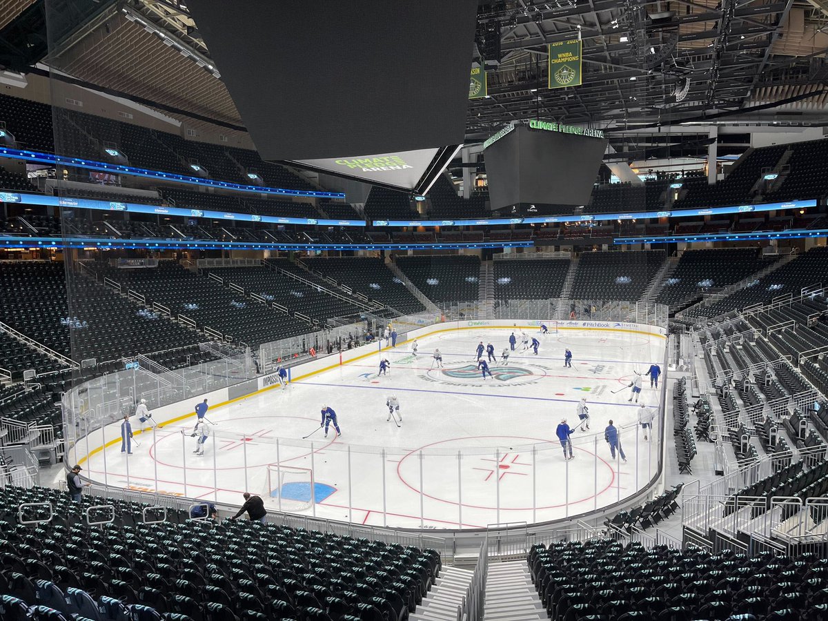 geekwire's tweet photo. Ready for hockey night in Seattle? The @SeattleKraken will take the ice @ClimateArena for the first time. Check out our arena preview and watch for coverage tonight. https://t.co/7pKNP8PmwQ https://t.co/5vsL9DUSb6