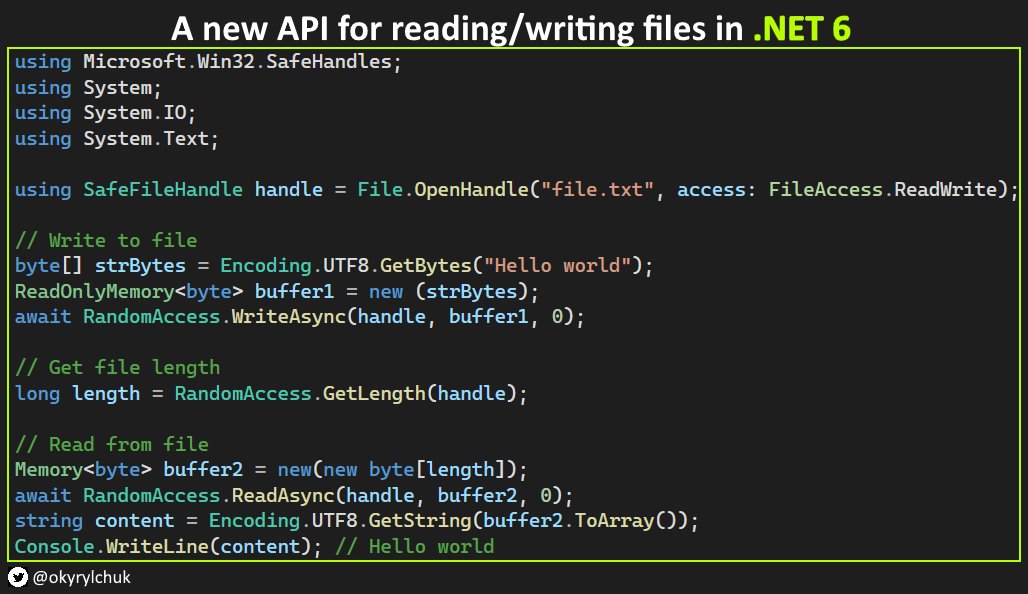 .NET 6 introduces a new low-level API for reading and writing files without a FileStream.

A new type, RandomAccess, provides offset-based APIs for reading and writing files in a thread-safe manner.

#dotnet6 #coding #devcommunity