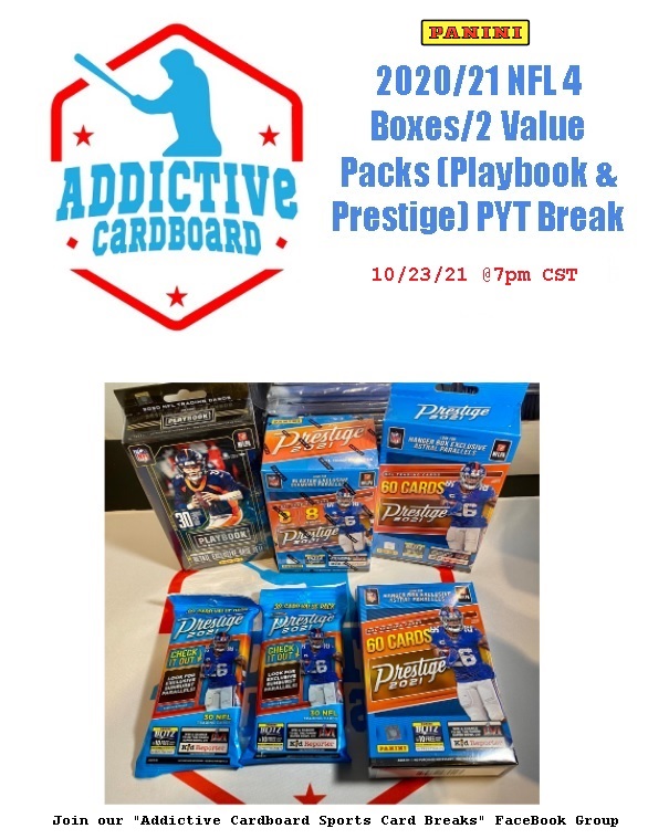 AddictiveCardb1's tweet image. 2020/2021 NFL PYT Break tonight at 7pm CST! Teams start at $1.99! Combined S&amp;amp;H! Grab some team(s) and let's rip!

ebay.com/str/addictivec…

#liveboxbreaks #nfl #nflcards #rookies #autographs #addictivecardboard #footballcards

@HobbyConnector @Hobby_Connect @CardPurchaser