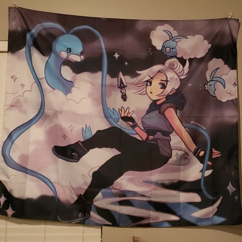 GhastlyTv_'s tweet photo. Finally got a nice picture of my Jett x Altaria tapestry by @kiraachu_

I love this crossover from 2 of my favorite games!

Thank you for the stickers that came with the note. 🧡👻 https://t.co/5sJaKmpNcx