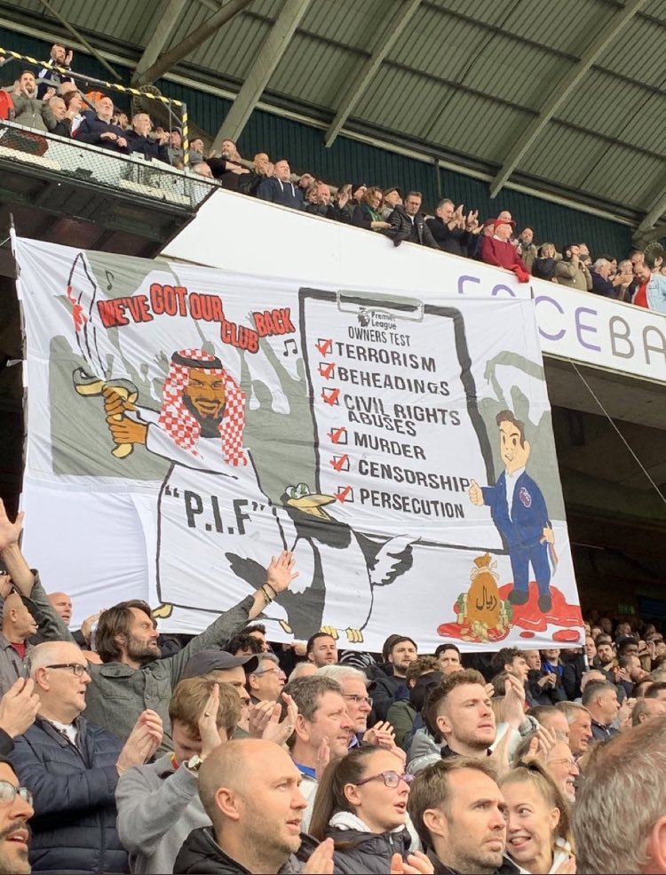 Banner shown by Crystal Palace fans in 2021, criticising the Premier League for approving the Newcastle takeover