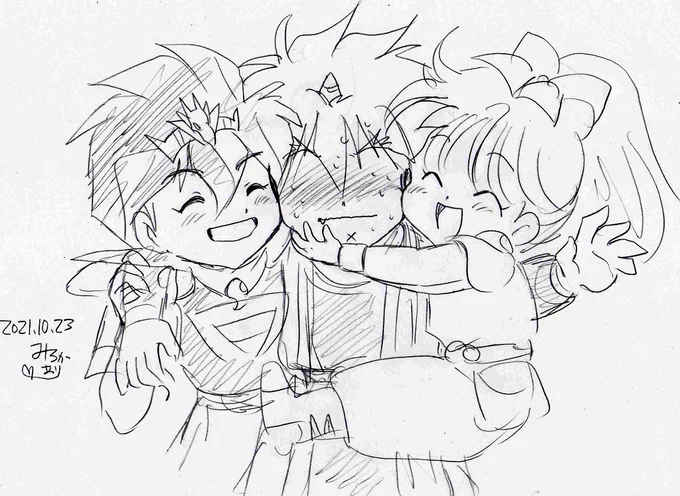 月さーん、明るいお題をありがとうです💖💕
笑顔の2人にサンドされる虎王さま✨描いてみました～💖💕(*'艸`)💖

ヒミコは天然に、ワタルはイタズラ半分に引っ付いて虎王さまマジ照れ😳💖な図です✨(*^▽^)/★*☆
わーい✨幸せな気持ちで描けました😃感謝です💖
@thetaleofadar 