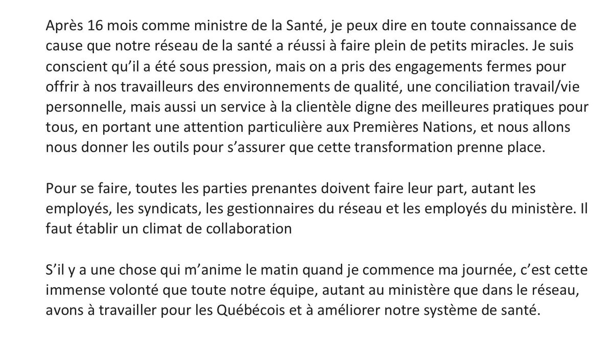 Jeudi, à l’<a href="/AssnatQc/">assnatqc</a>, j’ai eu l’honneur de pouvoir présenter notre vision en lien avec notre réseau de la santé pour les prochaines années. Essentiellement, j’ai abordé trois points cruciaux.
 
Voici l’intégralité de mon discours :