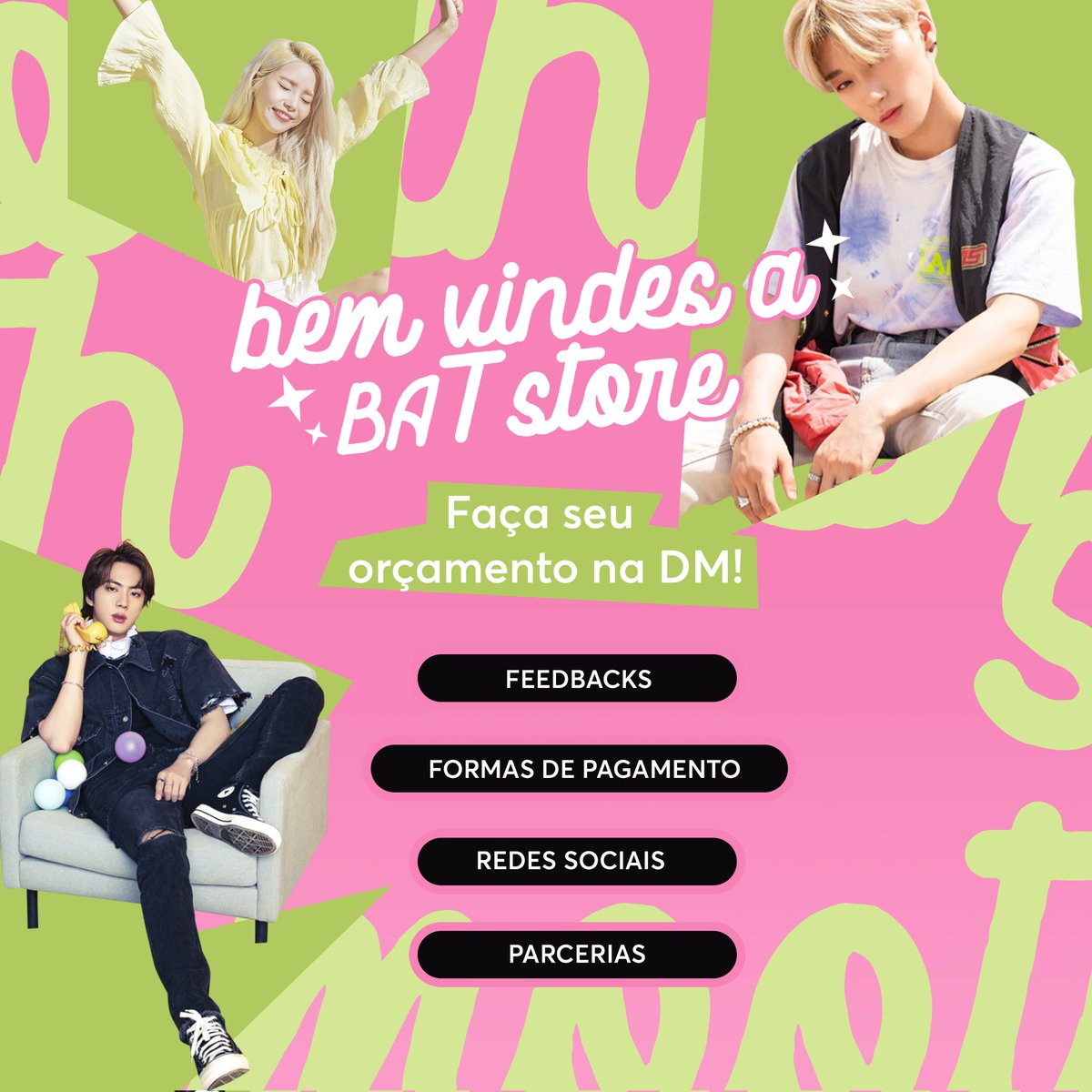 BAT_Store_'s tweet image. Sejam bem vindes a BAT Store 🦋

Sua lojinha totalmente dedicada e especializada de produtos fanmade personalizados!

『✦Instagram: bit.ly/2YbLfOX
✧」Shopee: shopee.com.br/bat_store_?smt…
『✦ Ccat: curiouscat.me/BAT_Store_ 
✧」Catálogo de produtos: docs.google.com/spreadsheets/d…