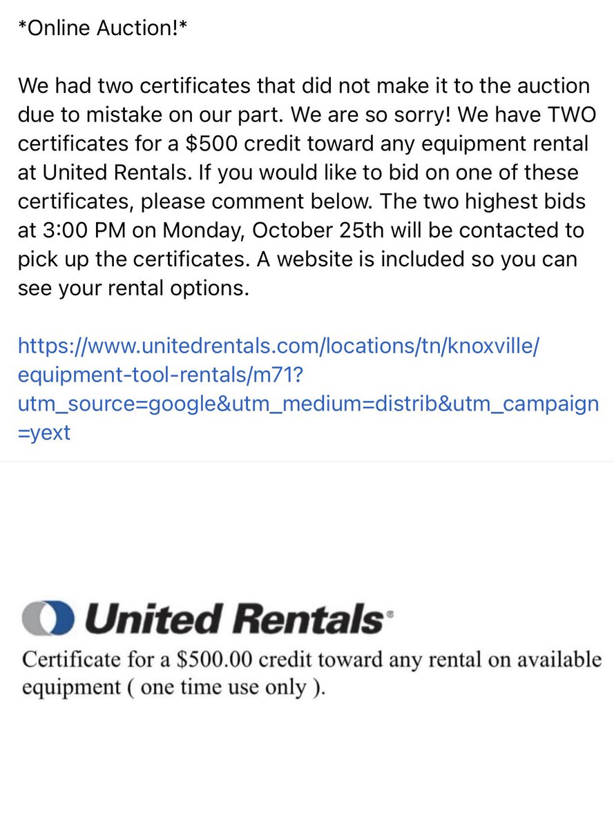 *Online Auction!*

We had two certificates that did not make it to the auction due to mistake on our part. Go to our Facebook page if you’re interested in bidding on an equipment rental. A website is included to see your rental options.

unitedrentals.com/locations/tn/k…
