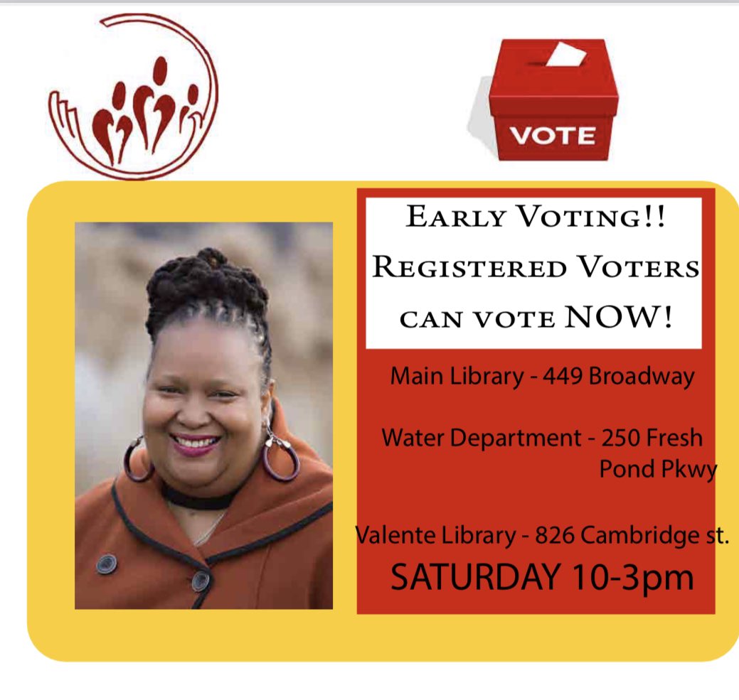 VoteToniaHicks's tweet photo. Get out EARLY and vote Tonia Hicks #1! Early voting starts today in 3 #cambma locations! 449 Broadway, 250 Fresh Pond pkwy, and 826 Cambridge st. 10-3pm #VoteEarlyDay https://t.co/3TR7Zch7ec