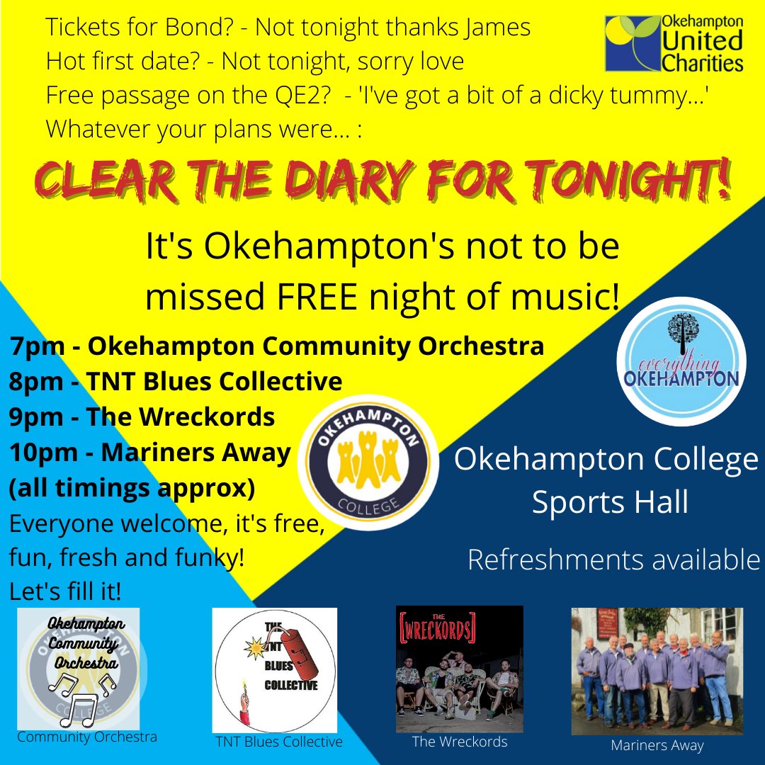 A free night of music <a href="/OkehamptonCC/">Okehampton College</a> Sports Hall - TONIGHT, featuring an eclectic mix of local talent: The Okehampton Community Orchestra, TNT Blues Collective, The Wreckords and Mariners Away. Is there a better way to spend Saturday evening?