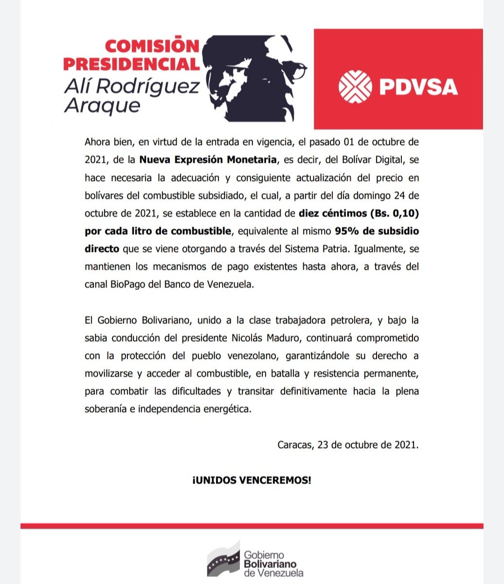 #EsNoticia🔴 Este será el nuevo precio de la gasolina, aprobado por la Comisión Presidencial "Alí Rodríguez Araque"

#23Oct 
#BatallaPorLaPaz