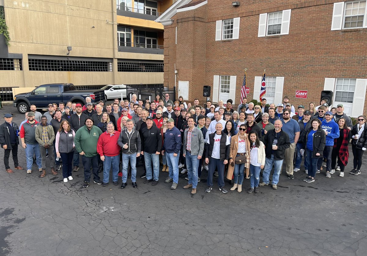 MikeCareyOH15's tweet photo. The #BuckeyeBattalion came out in full force this morning to rally around our campaign & bring home a big win on November 2!
Thank you to everyone for your hard work today & to @Paduch @JonHusted @FrankLaRose @Yost4Ohio for pumping up the crowd!! https://t.co/WqMB4ixbmb