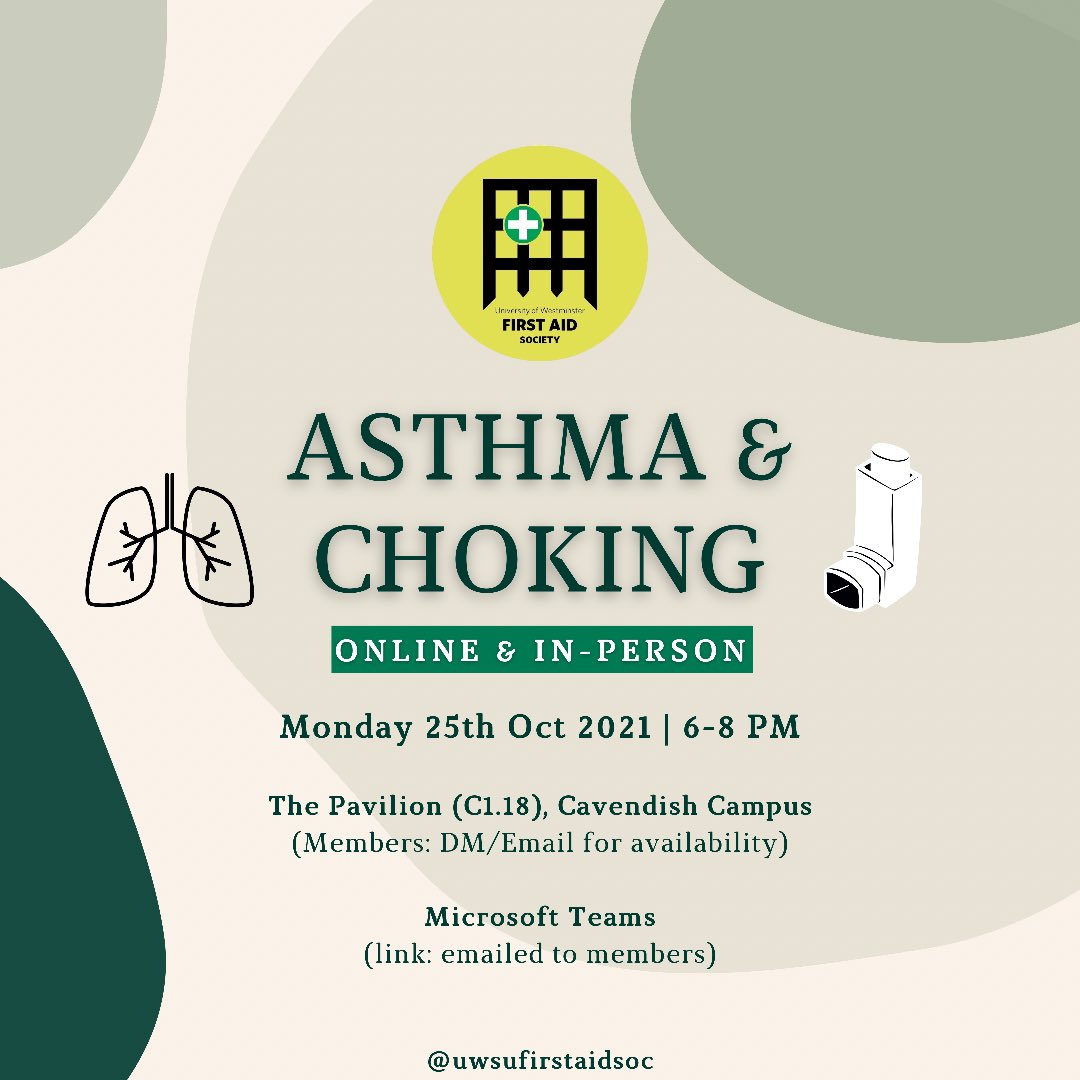 Hello everyone👋💚

This week we’ll be learning about how to identify a casualty thats choking and treatment process. Also to to aid asthma patients if they are having difficulty breathing.

Hope to see you there🥳 🚑 
#firstaid #sjastudents