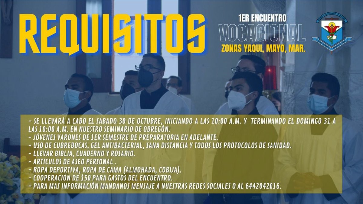 ¡Estamos a MUY pocos días del próximo encuentro vocacional! 💥

📢📢 JÓVENES VARONES DE 1ER SEMESTRE DE PREPARATORIA EN ADELANTE: ¡Este mensaje es para ustedes!

¡Aún estas a tiempo de inscribirte mandándonos mensaje por redes sociales o por WhatsApp al 6442042016!

¡Animate!