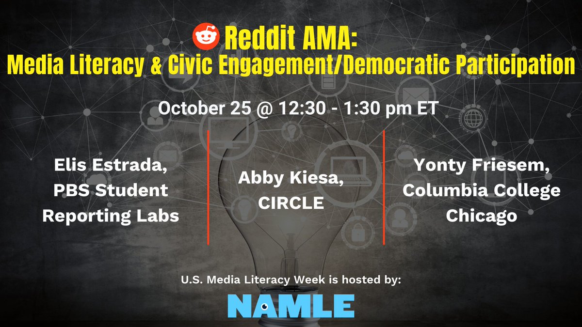 Mark your calendars for our Reddit "Ask Me Anything" (AMA) on Media Literacy and Civic Engagement/Democratic Participation!
📆: #MediaLitWk Monday, Oct. 25
⏰: 12:30 to 1:30 pm ET
Follow our events page for more info and updates: ow.ly/T83H50GtOUp